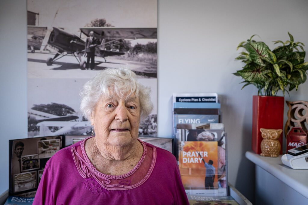 97-year-old Margaret Baldock in front of a picture of her first husband (credit: Janne Rytkonen)