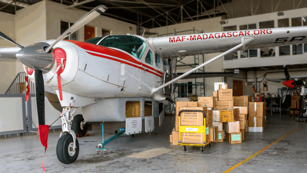 A MAF Cessna is loaded with drugs & vitamins for Marolambo (credit: Gino Antsatiana Randrianasolo)