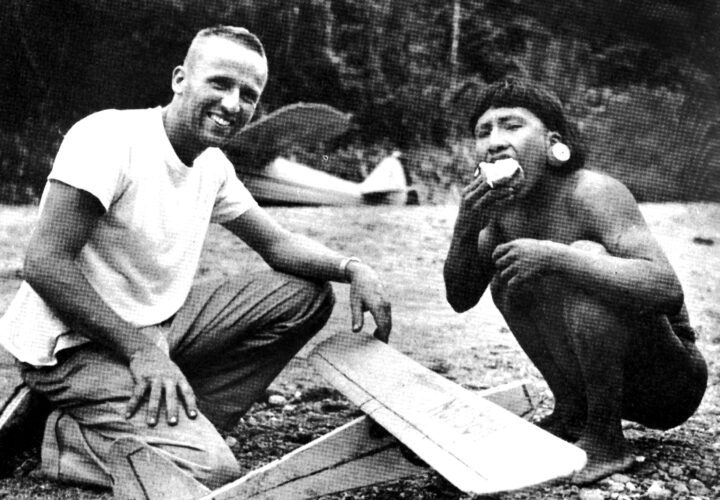 MAF pilot Nate Saint with a member of the Waodani on Palm Beach, Ecuador (credit: MAF US)