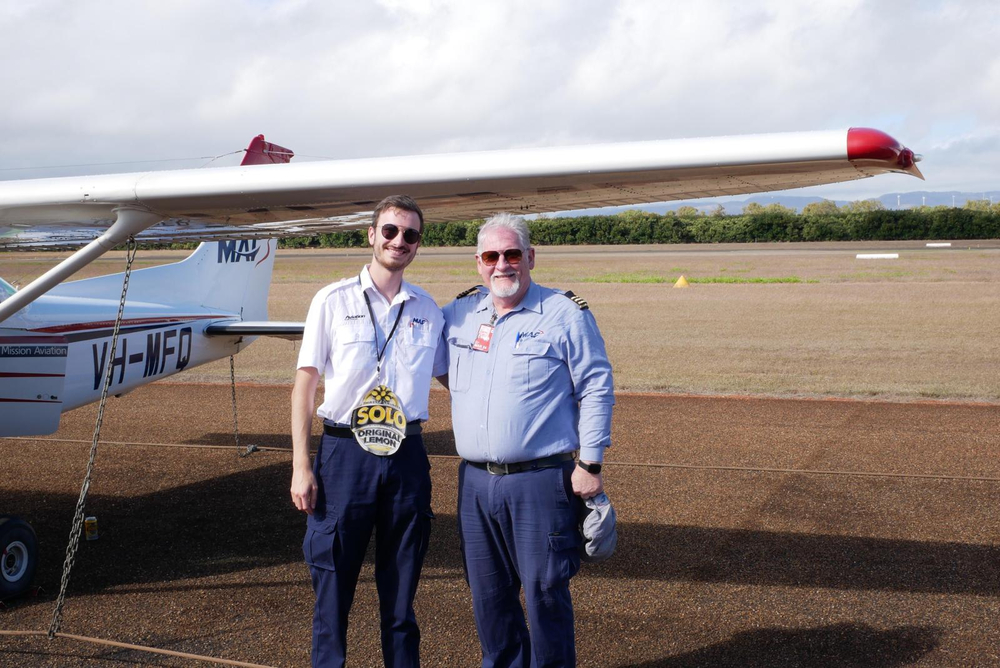 Marcus congratulates Tim Berger for passing his first solo flight (credit: Erwin Jungen)