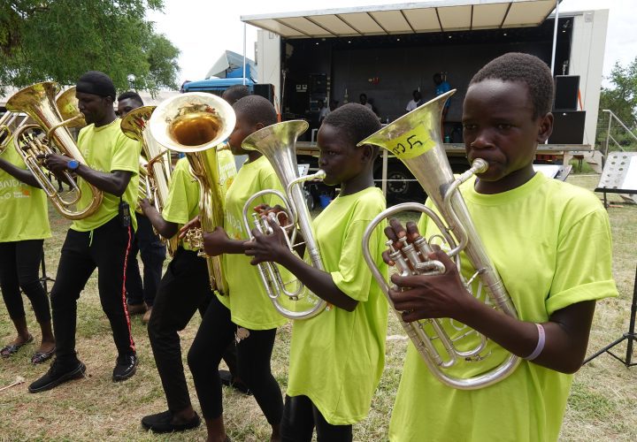 Young refugees at Bidibidi learn how to play brass instruments (credit: Damalie Hirwa)