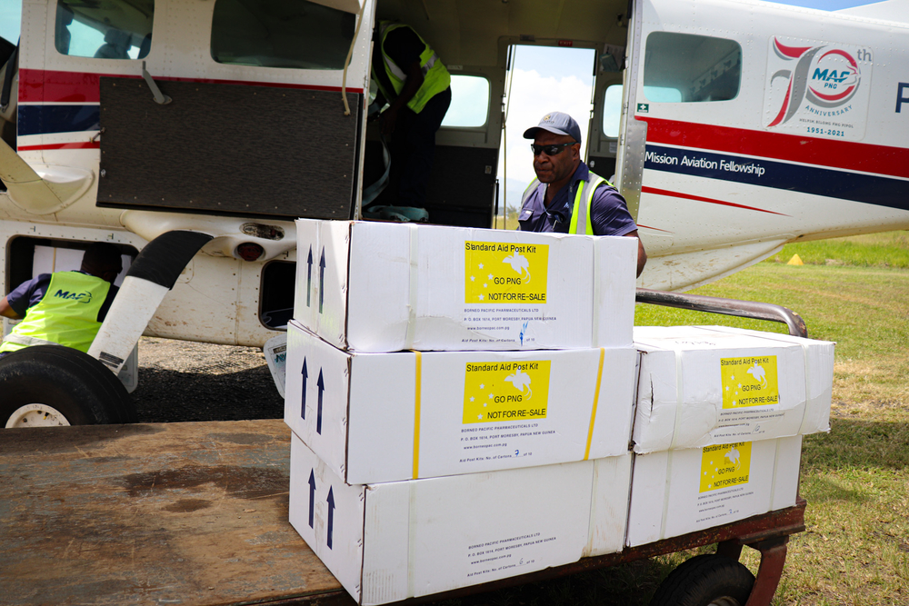 Medical supplies destined for Boikoa & Sindeni are loaded on MAF plane at Goroka (credit: Kowara Bell)