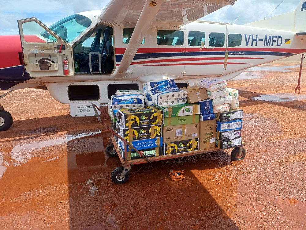 Essential supplies flown in by MAF include fruit & toilet rolls (credit: R.Griffiths /E.McMaster)